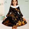 Girls Furry Collar Long Sleeve Galaxy Printed A Line Flared Dress