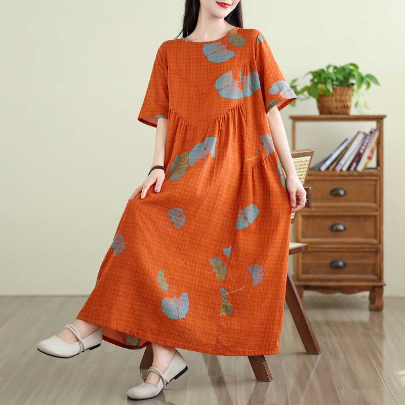 Summer Retro Cotton and Linen Round Neck Short Sleeved Dress, Women's Loose Skirt