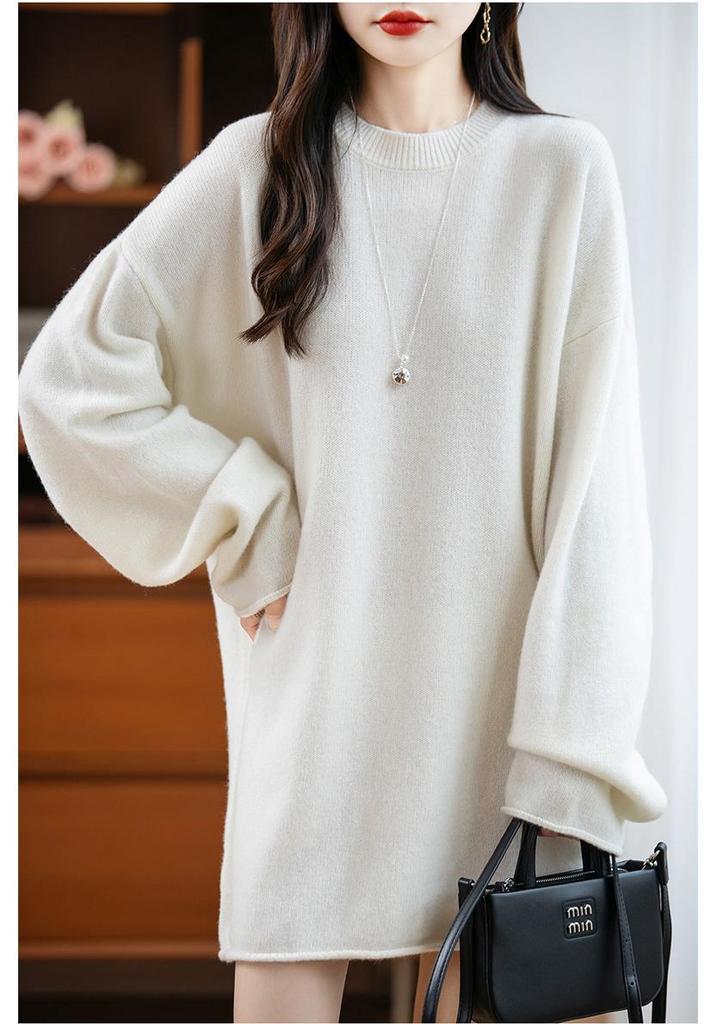 Women's Pure Wool Loose Knit Dress - Autumn & Winter, Round Neck, Solid Color, Plus Size, Medium Long, Korean Style.
