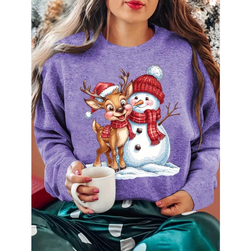 Women'S Christmas Apparel Autumn Women'S Clothing Snowman Reindeer Graphic Round Neck Long Sleeve T-Shirt
