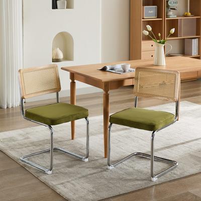 Mid Century Modern Dining Chairs Set of 2, Velvet Accent Chairs with Natural Cane Back & Stainless Chrome Base, Olive Green, DE1851OL