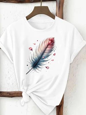 (Asian Size) Tee Print Fashion Top Women Clothing T Shirt Woman Female Sweet Feather Style Cute Short Sleeve Graphic T-shirts