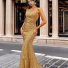 2025 V-neck Off-shoulder Sequin Bodycon Gown with Train