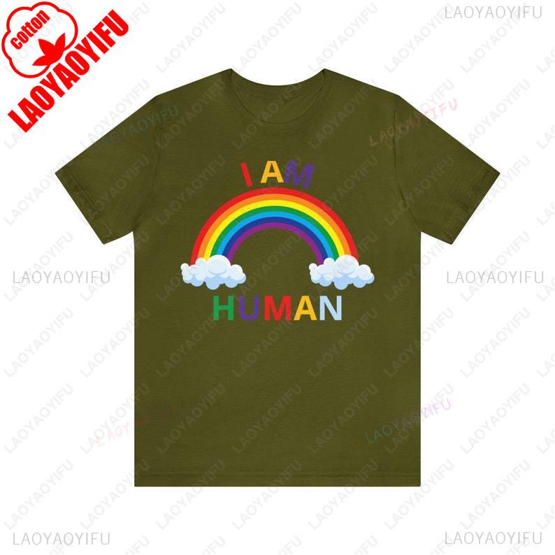 I Am Human Rainbow Funny Pattern Print T-shirt Summer Fashion Casual Comfortable Soft Cotton Tees for Friends Perfect Gift Tops