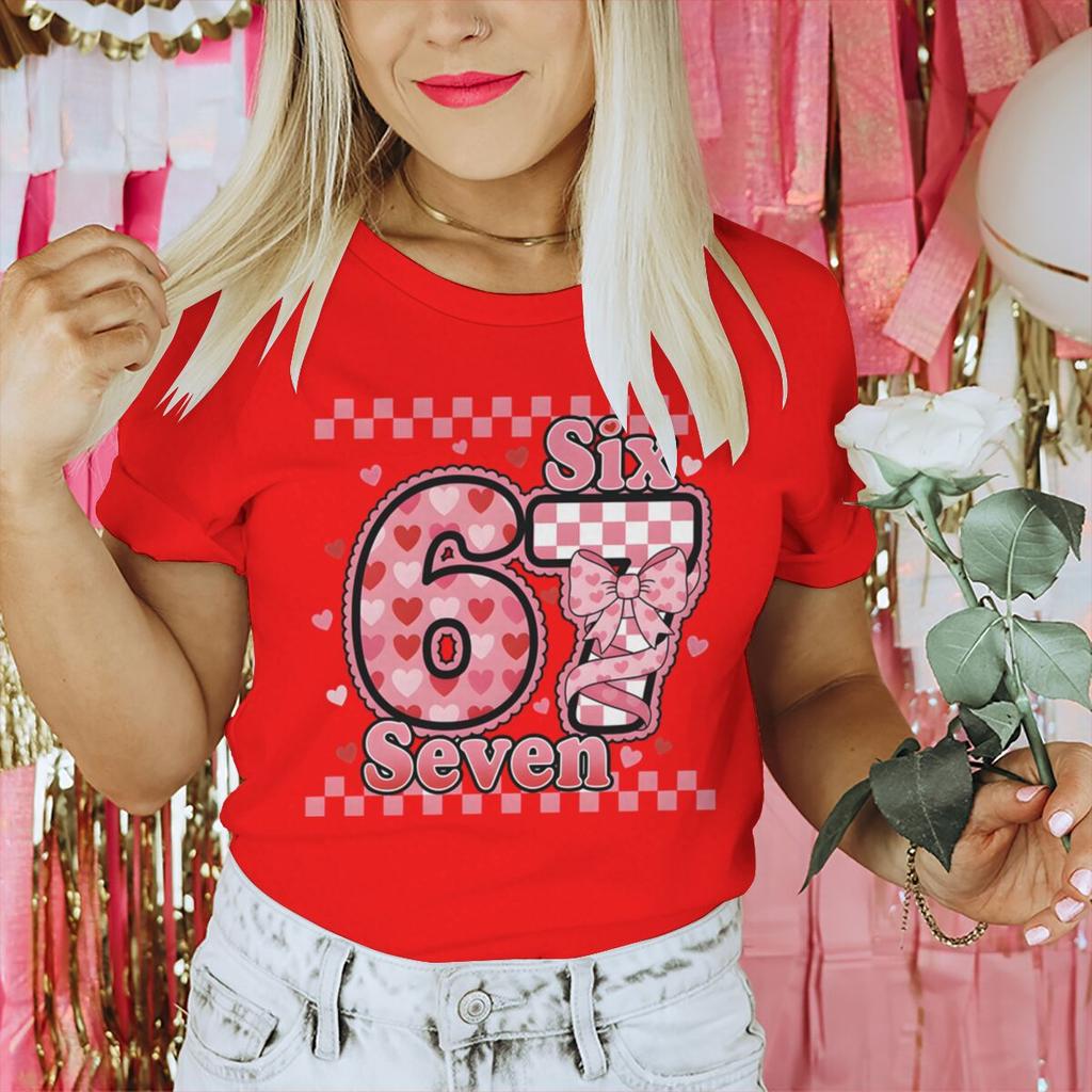 Vintage Grid Number 67 Sweet Coquette Bow Valentine's Day T-shirt Women Men Funny Six Seven Trend Y2K Tees Tops Gift
