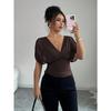 Women Solid Deep V Neck Short Sleeve Cinched Waist Sexy Casual Fitted Top