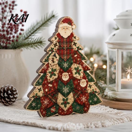 Wooden Holiday Party Decor Quilted Christmas Tree Table Sign, 2D Flat Fabric Patchwork Pattern Desktop Reusable Xmas Sign Ornament, Rustic Farmhouse