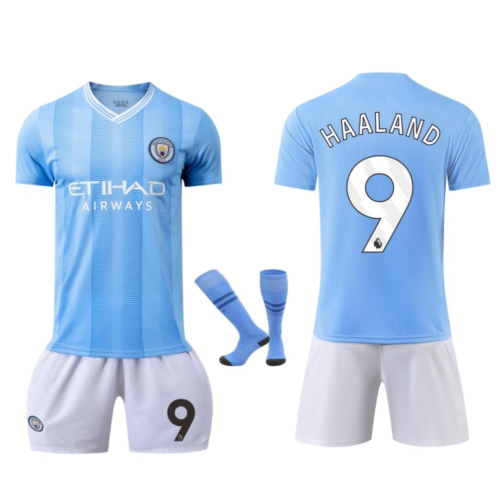 2324 Manchester City Haaland Set Maglia da Calcio Kit Casa Manica Corta Blu Traspirante Asciugatura Rapida
