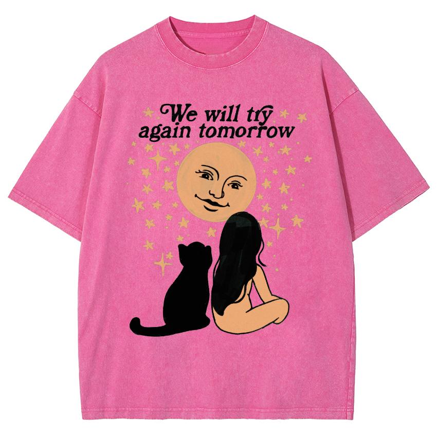 Black Cat Girl Print Women T-Shirt Washed Short Sleeve Personality Teen Student Half Sleeve Street Trend Vintage Top