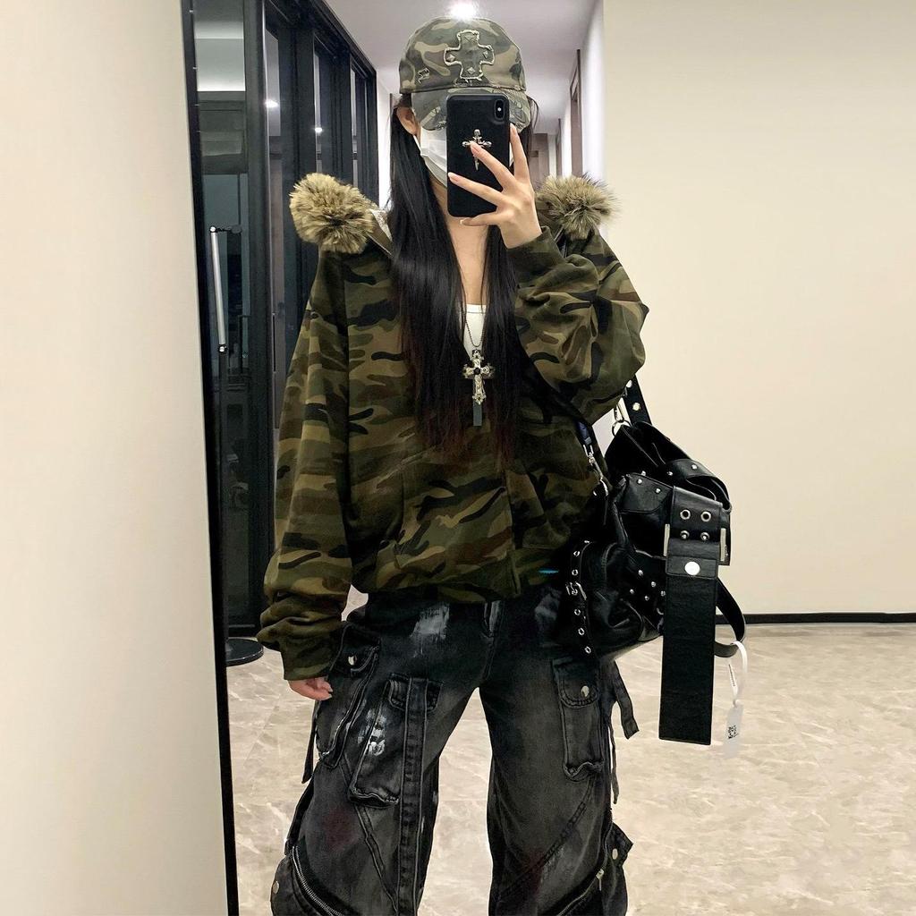 Damen Herbst Camouflage Kapuzenpullover Jacke - Lockerer Schnitt, Vielseitig, Mit Samt gefüttert, Verdickt