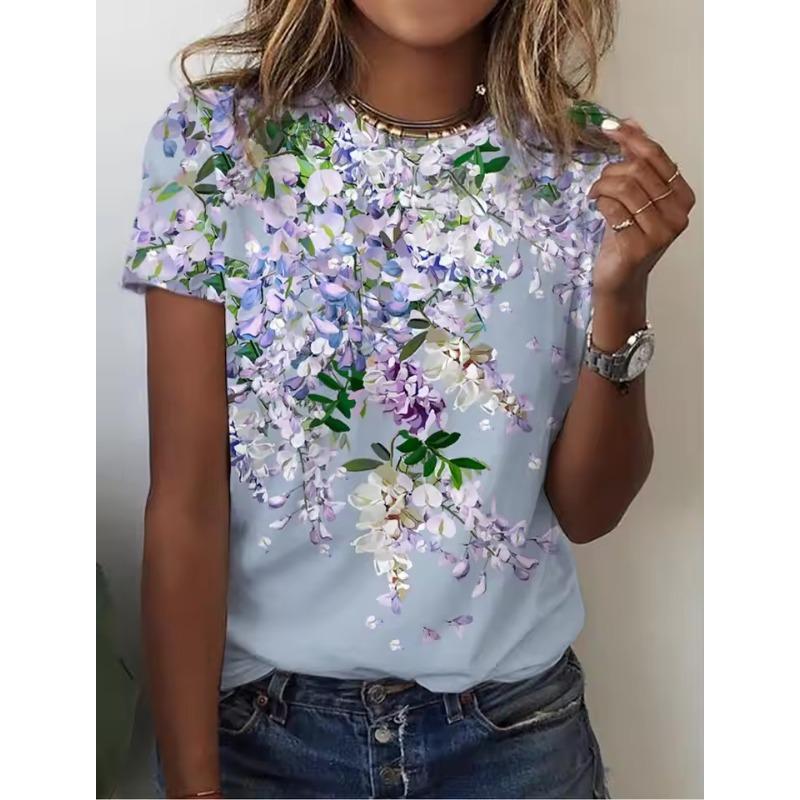 Summer Women's T Shirt Tee L 3d Print Floral Casual Daily Short Sleeve Tops Fashion Round Neck T Shirts for Women Holiday