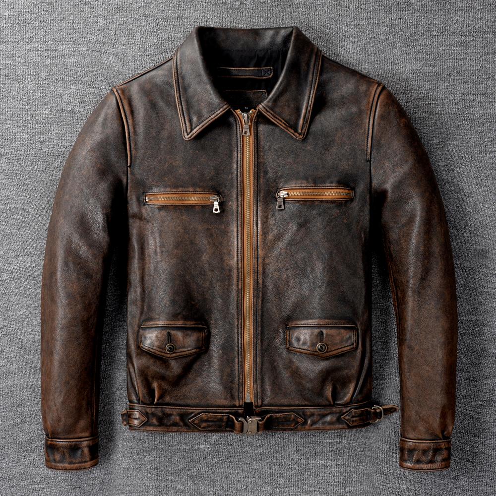 Men Genuine Leather Jacket Thick Oil Waxed Natural Cow Vintage Brown Slim Fit Short Men's Bomber Cowhide Coat Winter Clothing