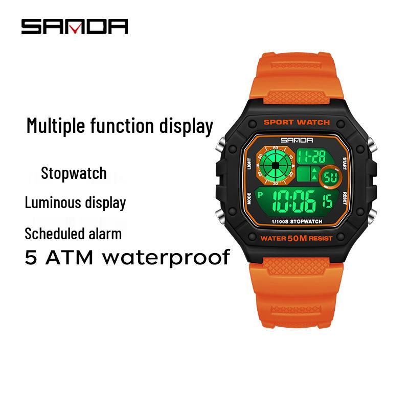 Sanda Teen & Men Multifunctional Waterproof Fashion Square Alarm Clock Watch