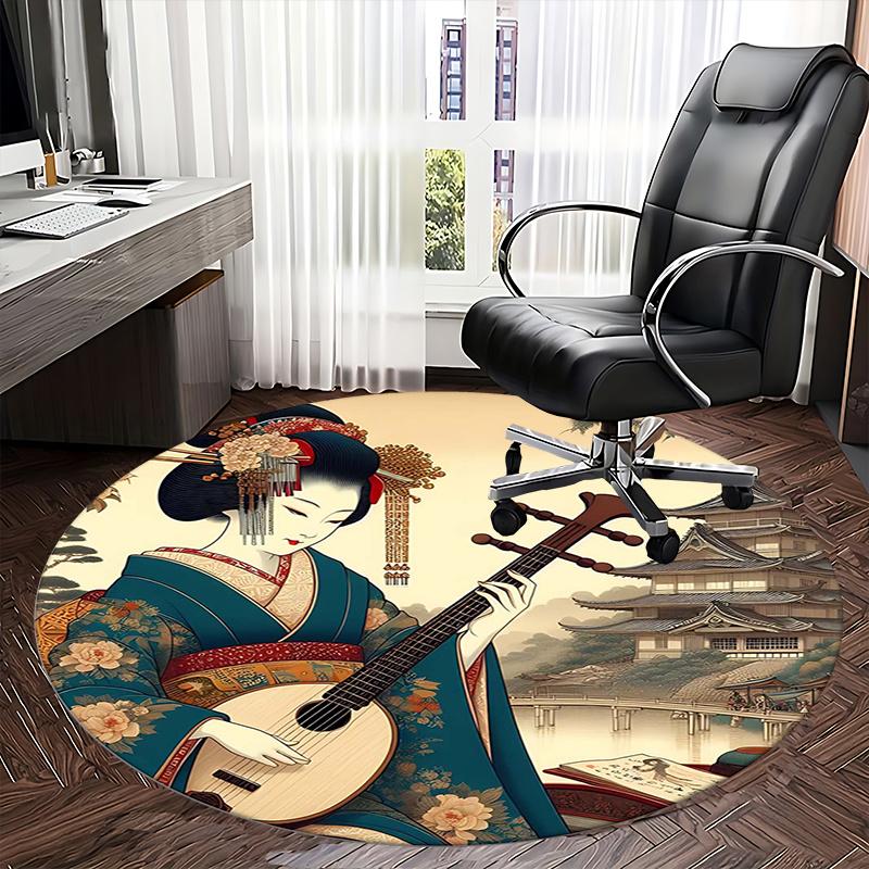 Traditional Japanese Kimono Chair mat Round Rug-Office carpet, Machine Washable, Non-slip, Suitable for Living Rooms, Bedrooms