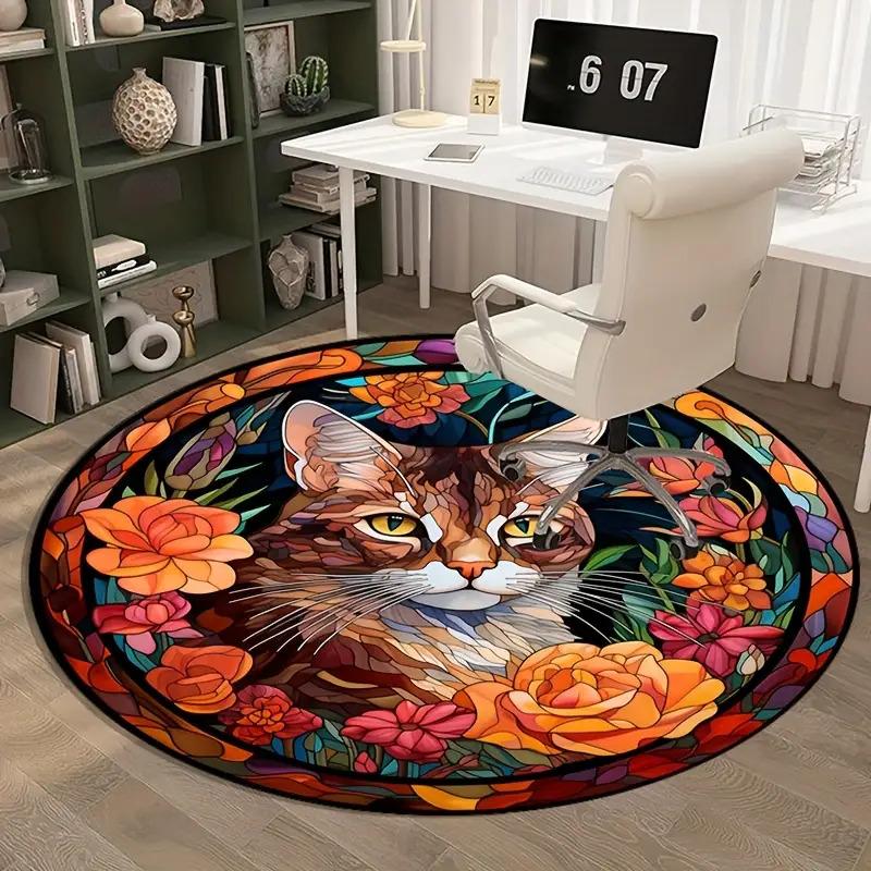 Crystal velvet carpet Heavyweight Crystal Velvet-Like Polyester Round Mat - Stained Glass Cat & Floral Print Non-Slip Mat