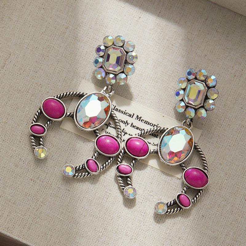 Diamond Turquoise Moon Earrings, High-End Retro Ethnic Style Earrings, Female Bohemian Temperament Ear Jewelry