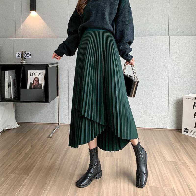 

Retro Maillard Midi Skirt: High-Low A-Line Pleated Design for Women, Autumn Collection M