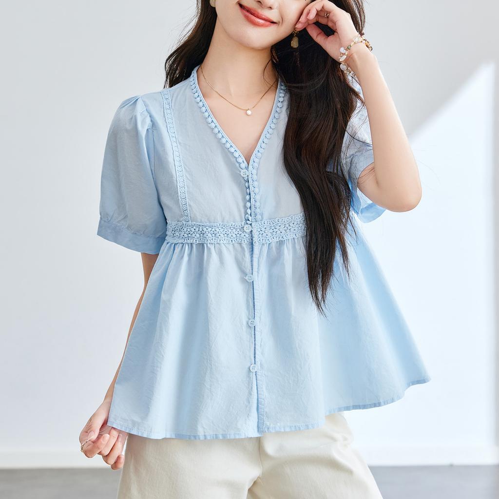 V-Neck Bubble Sleeve Short Sleeve Shirt Women's Summer Gentle Wind Sweet Doll Shirt Top