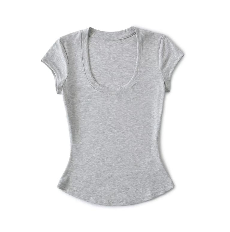 Summer new women's American Tencel U-neck short-sleeved front shoulder T-shirt Spice Girl solid color basic slim-fit and thin top