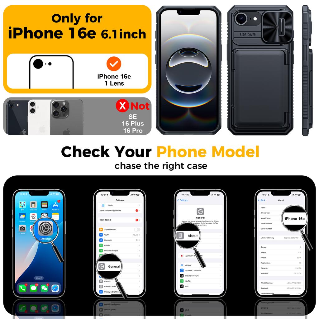 RFID-Blockierende Geldbörsenhülle mit Kartenhalter, ausziehbarer Kameraabdeckung, PC+TPU Schutzhülle für iPhone 16e/iPhone 17e - Schwarz