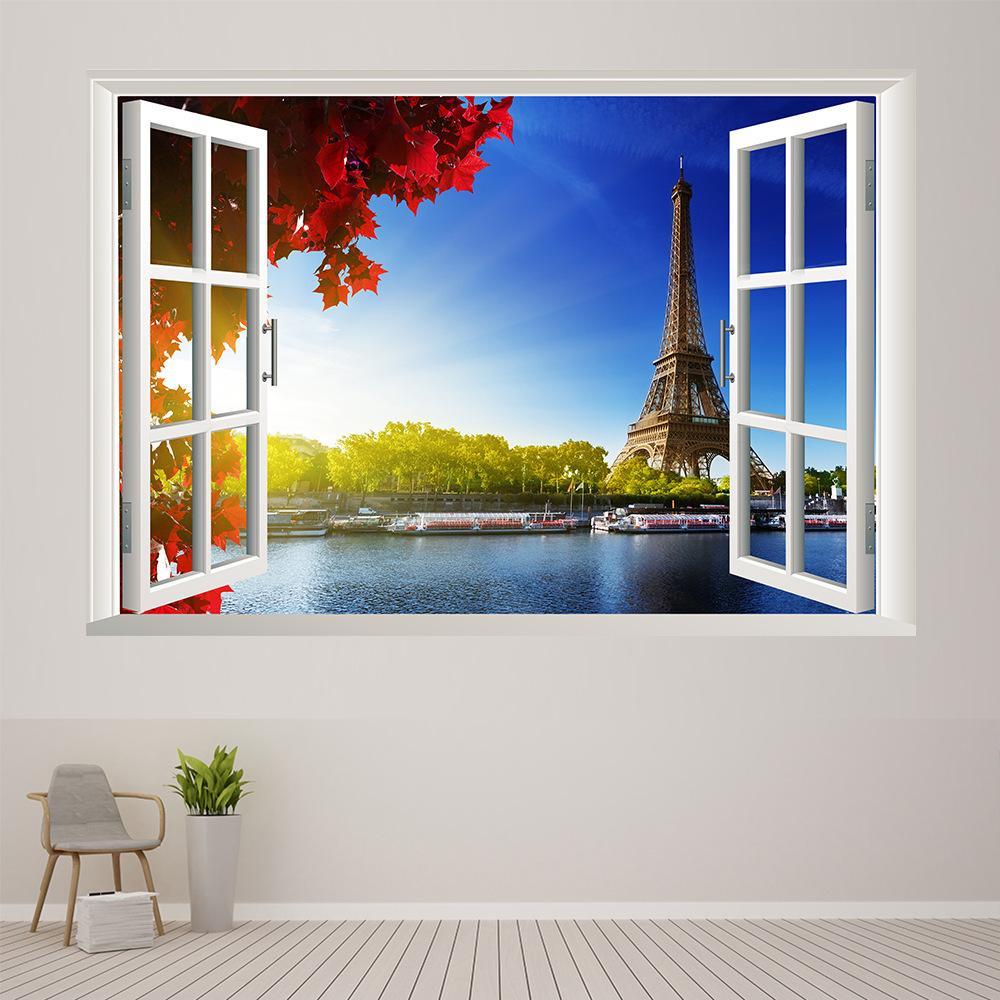 57*90cm 3D Natural Scenery Eiffel Tower False Window Wall Painting Living Room Bedroom Removable Wall Sticker Hoom Decor