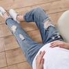 Hole Jeans Pregnant Women Nursing Pants Elastic Waist Denim Belly Pregnancy Trousers Loose Legging