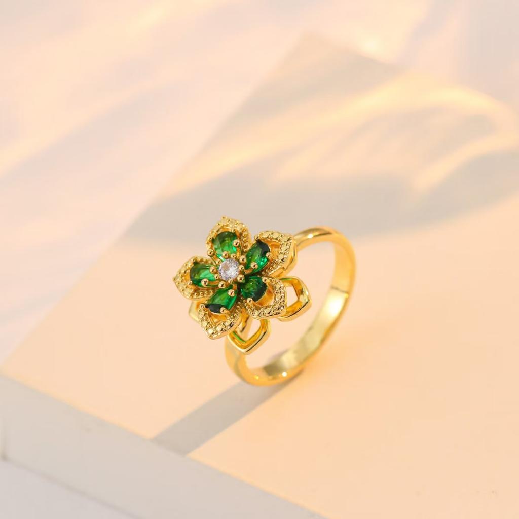 New Luxury Multicolor Flower Zircon Inlay Design Necklace Rotating Ring Set for Women Exquisite Stainless Steel Jewelry Gift