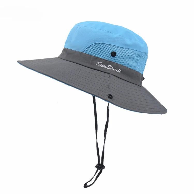 Summer Women Large Wide Brim Bob Hat Sun UV Protection UPF 50+ Hat Bucket with Chain Strap Outdoor Fishing Hiking Hat for Female