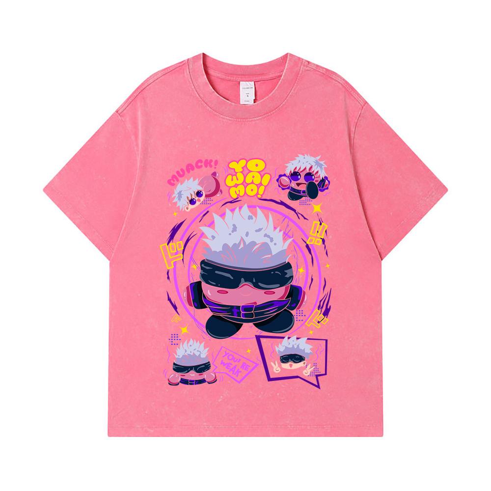 275 GSM Washed T-shirts 100% Cotton Jujutsu Kaisen V41 Kirby Gojo Print Unisex Heavy Cotton T Shirt