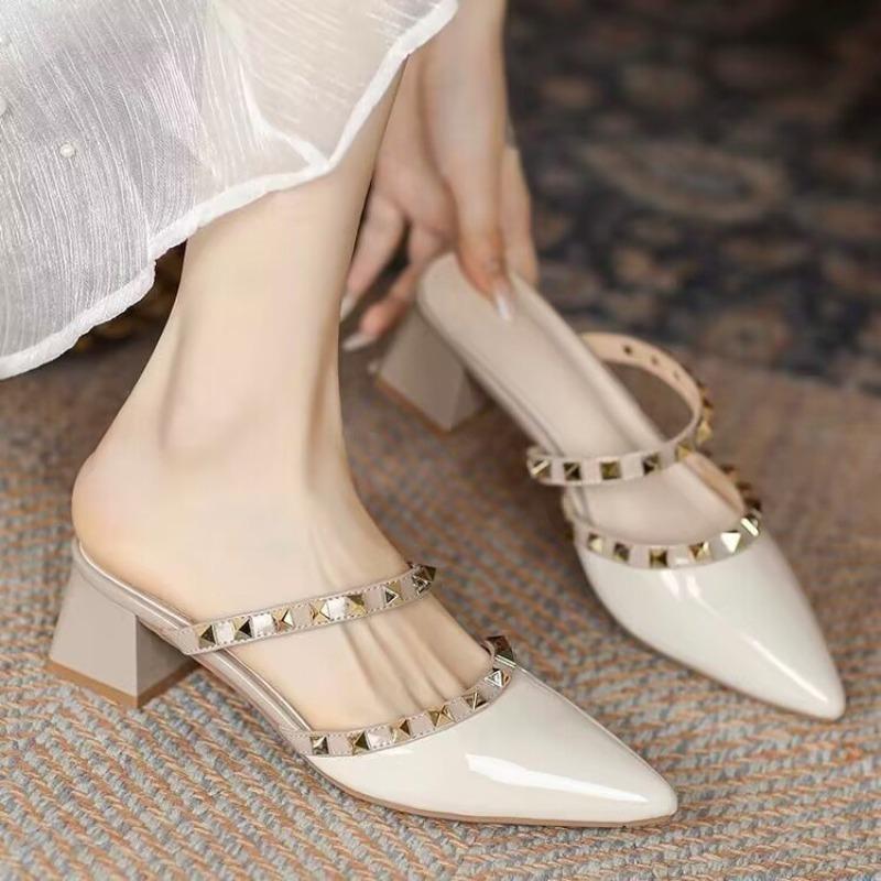Rivet pointed shoes summer new shallow thick heel half slippers women's outer wear with skirt women's shoes
