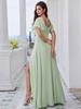 Ever-Pretty Women's U-Neck Backless Frenulum Knotting Short Sleeves High Slit A-Line Bridesmaid Dress Chiffon Evening Dresses