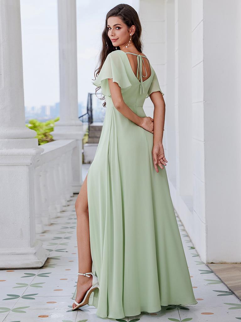 Ever-Pretty Women's U-Neck Backless Frenulum Knotting Short Sleeves High Slit A-Line Bridesmaid Dress Chiffon Evening Dresses