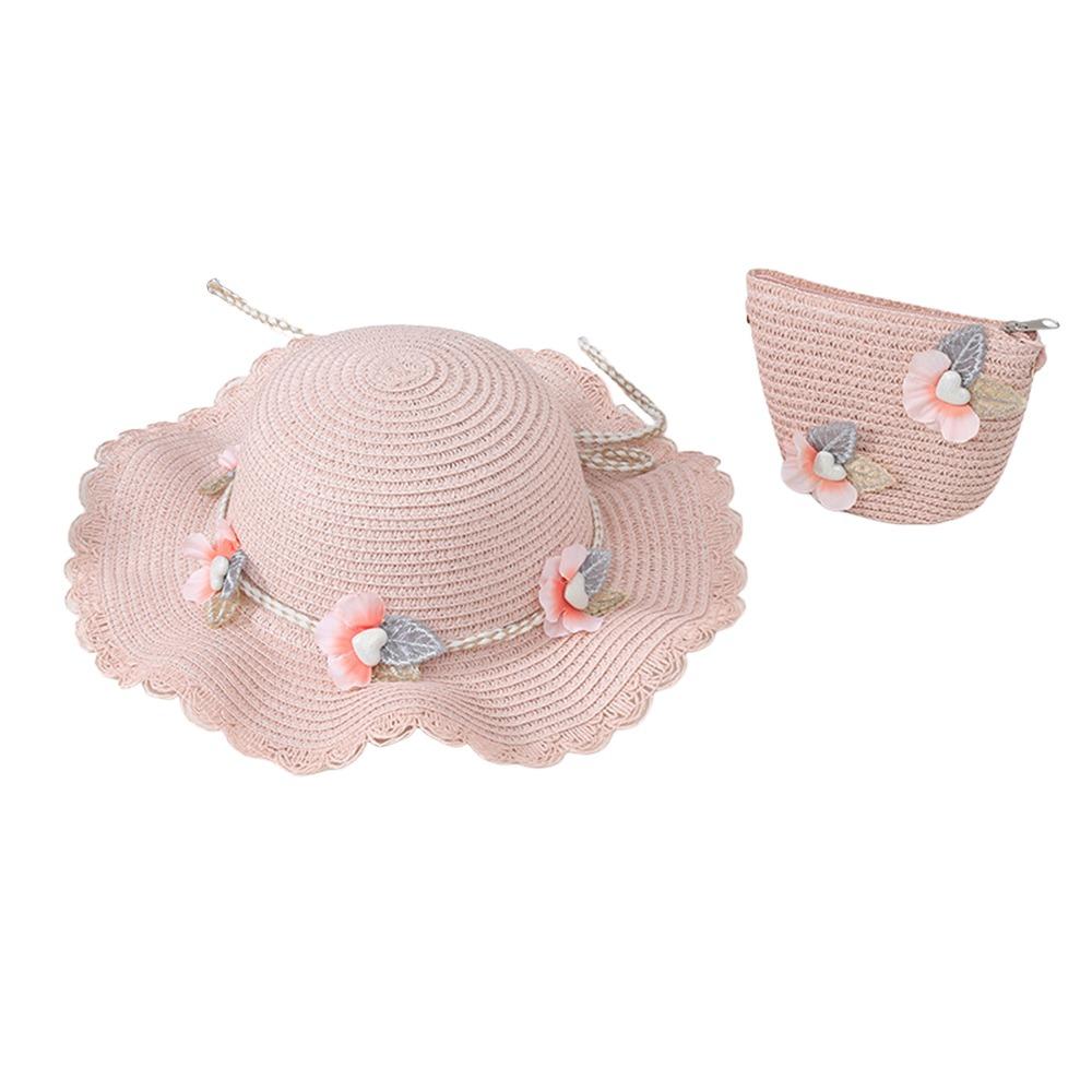 2Pcs/Set Wide Brim Children Beach Hats Set Flower Design Sun-protective Hat  Kids Summer Holiday розовый