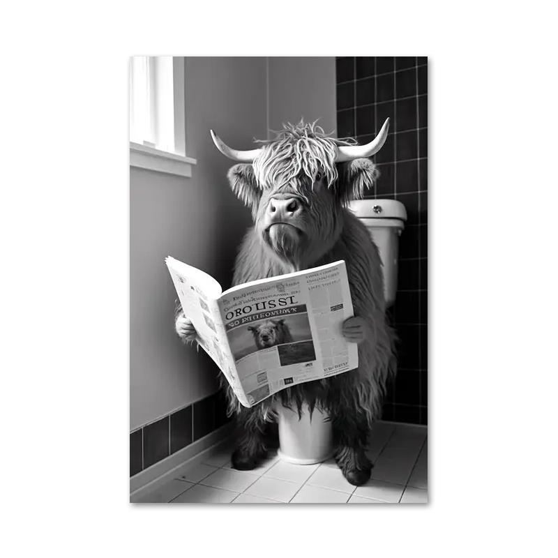 Funny Bathroom Humorous Animal Bear Dog Tiger Sitting On Toilet Reading Newspaper Canvas Painting Posters and Prints Wall Art