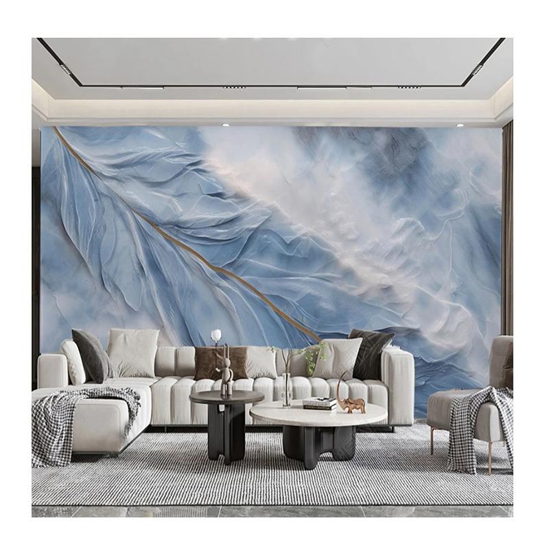 Modern Relief Wallpaper Light Blue Feather Marble Wall Murals Living Room Tv Sofa Bedroom Creative Wall Paperhome Decor