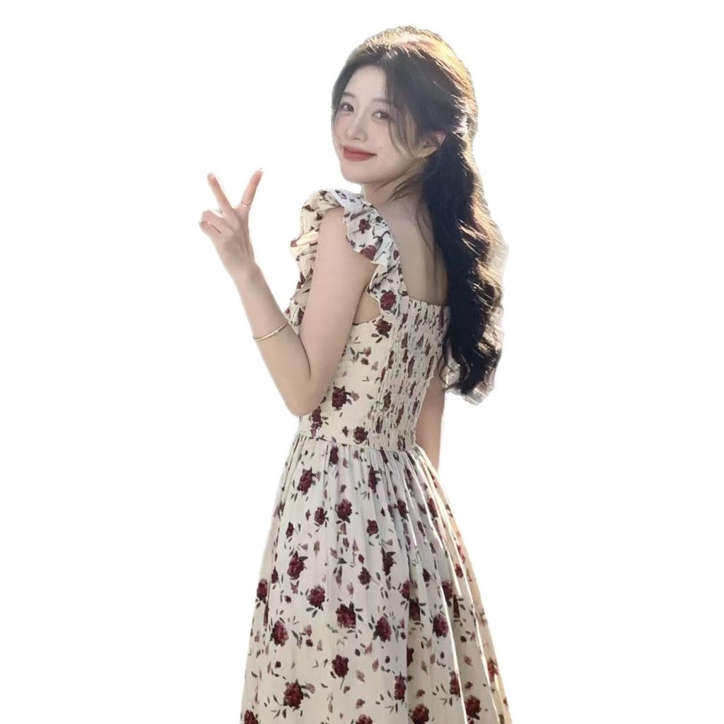 Coffee Break French Temperament Flying Sleeve Dress Floral Summer New Small Square Neck Dress Women