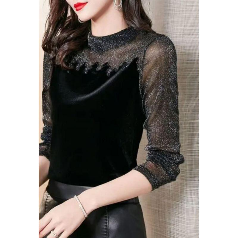 

Gentle and Seductive Cotton Yarn Patchwork Top Women Half-high Collar Long sleeve Gold Velvet Pullover Elastic T-shirt Stacked Base Black L