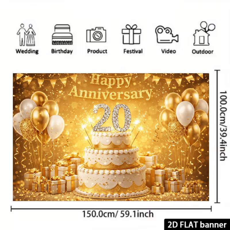 Sfondo 2D Oro per il 20° Anniversario con Torta, Regali e Striscione Scintillante