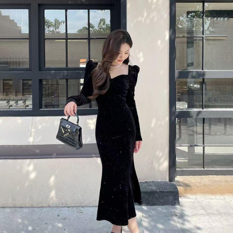 Large size women s clothing high-end velvet fishtail skirt autumn and winter thin inner dress S