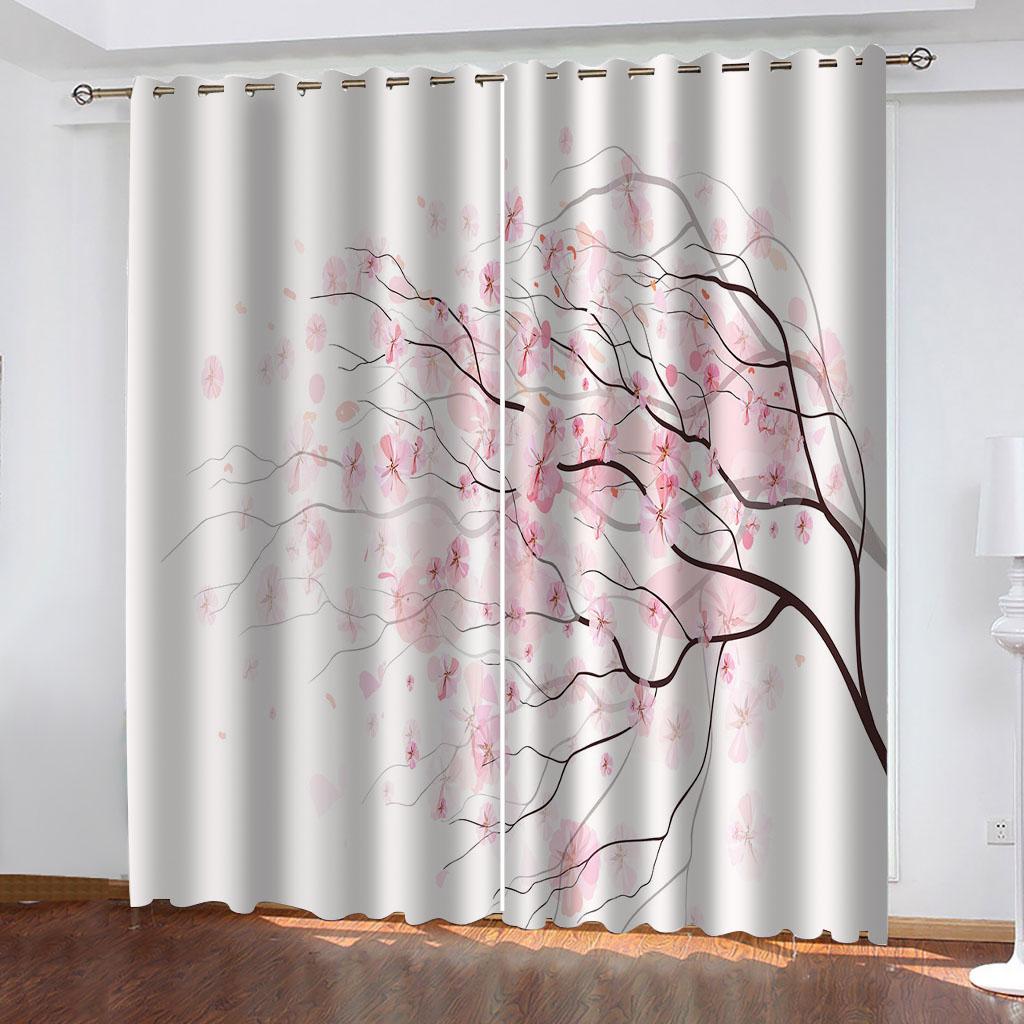 Rosa Botanischer Pfirsichbaumzweig 3D-Muster Schattierungsvorhänge 2 Paneele Luxuriöse Klassische Wohnzimmer Schlafzimmer Fensterdekor Vorhänge