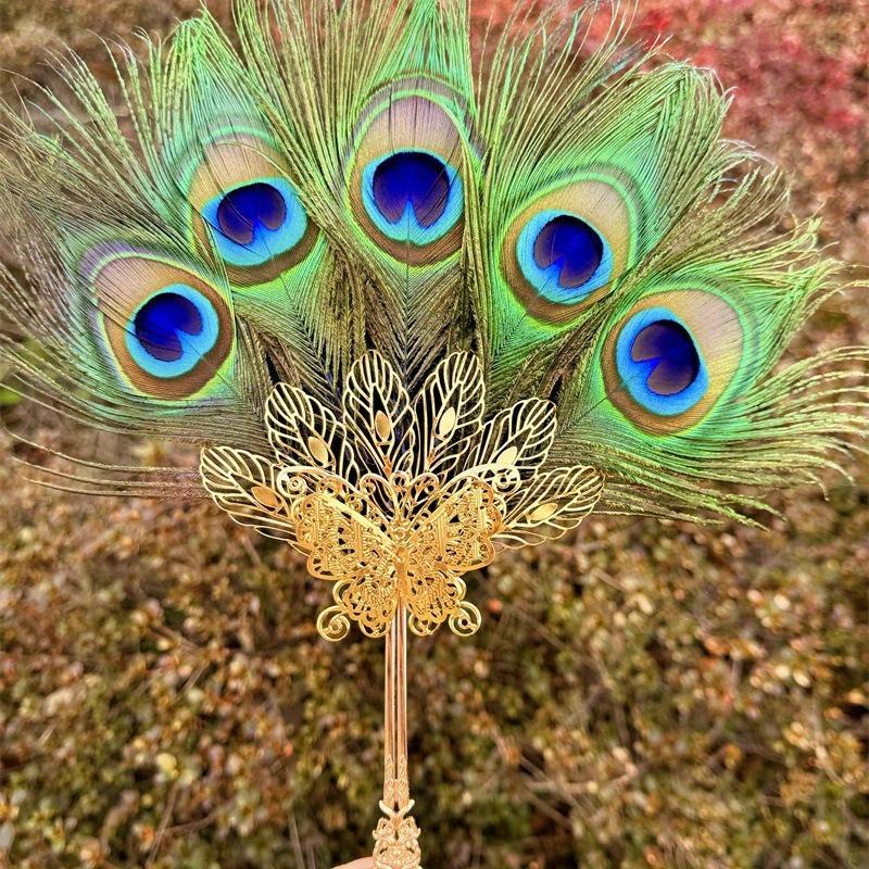 1Pc Vintage Peacock Feather Fan Handheld Ornamental Fan Wedding Photo Shooting Props Live Show Prop