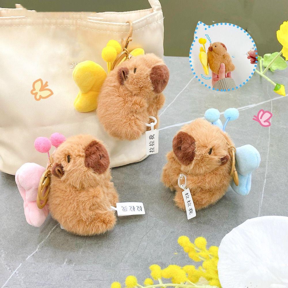 Cartoon Plush Capybara Keychain Pull Butterfly Car Keyring Funny Capybara Dolls Pendant Bag Decor