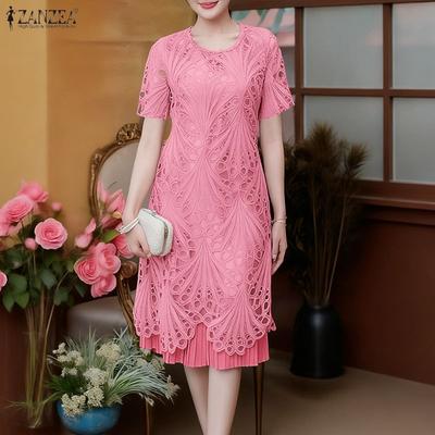 Women Summer Round Neck Short Sleeve Lace Crochet Patchwork Dress
