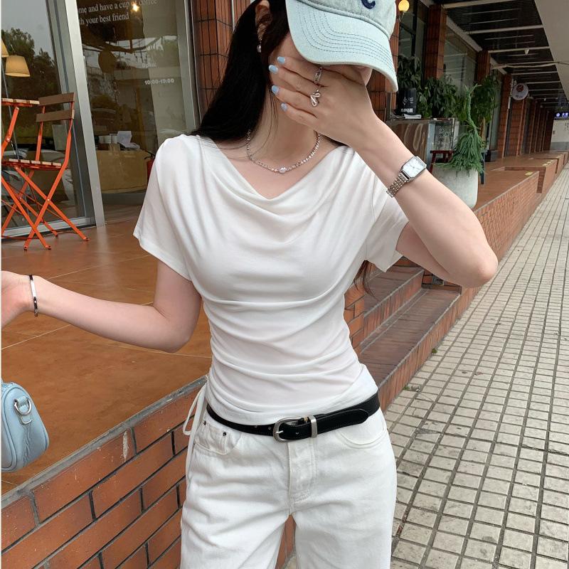 2026 Korean Style Lyocell Tencel Swing Neck Drawstring Short Sleeve Slim Fit Summer Top