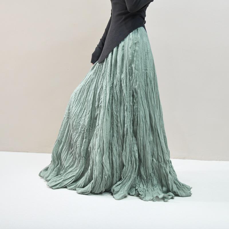 Women's Linen Maxi Skirts Summer Boho Solid Beach Elastic High Waist Pleated A-Line Flowy Swing Long Maxi Skirts Elastic Waist Long Skirt for Women