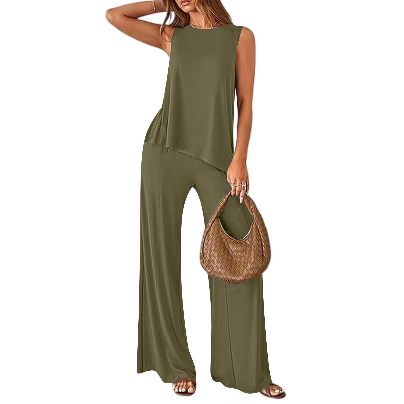 

Women s 2-Piece Fashionable Casual Loose Fit Sleeveless Asymmetrical Split Hem Tank Top And Wide Leg Pants Activewear Set L армия зеленый