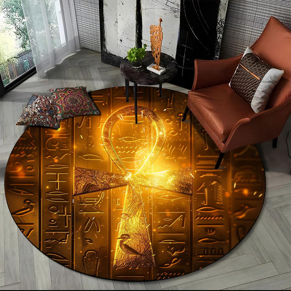 2025 New Ancient Egypt Hieroglyphic Mythology Wall Painting Glyph Round Carpet Rug for Bedroom Living Room Sofa,Decor Floor Mat