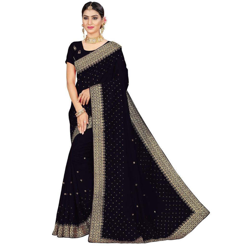Women's Vichitra Silk Black Embroidered Designer Saree With Blouse Piece