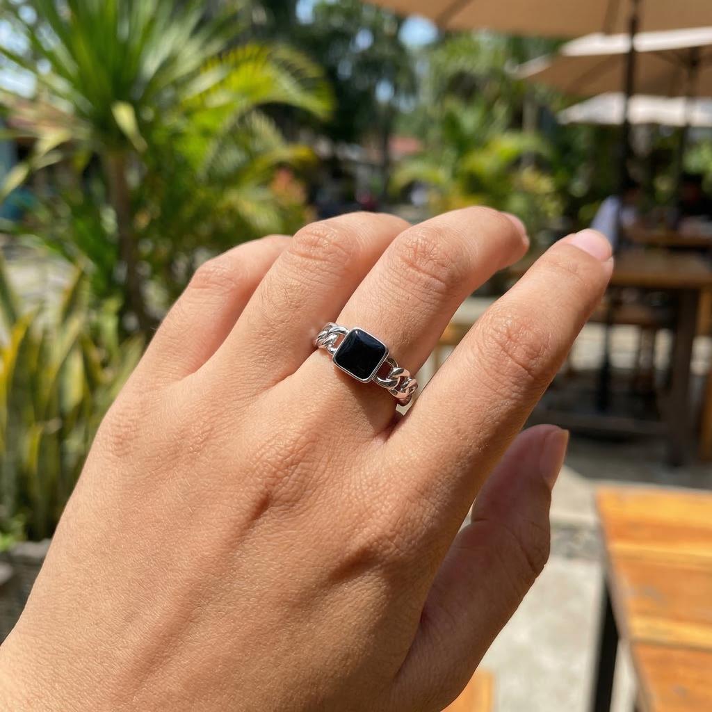 Men's Metal Open Ring,Black Square Enamel Chain Ring,Hip Hop Punk Jewelry Gift