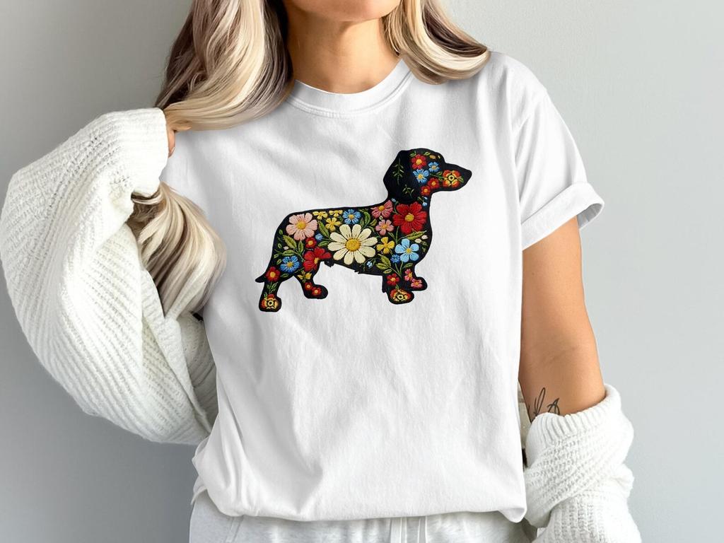 Floral Dachshund T-Shirt, Embroidered Look Graphic Tee, Dog Lover Gift